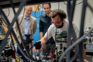 Professor Dan Wasserman with Zarko Sakotic and Noah Mansfield in the lab.